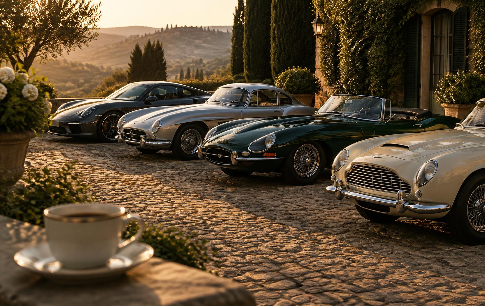 Illustrative image of classic and modern sports cars at a morning gathering (not an MR PDR event)