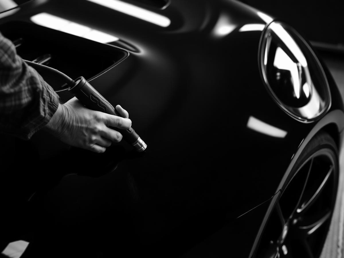 Technician working carefully on a dark vehicle body panel
